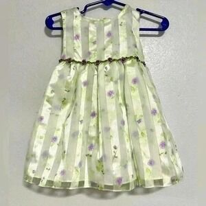 Unbranded Floral Stripe Dress Kids 12M Green‎ Purple Excellent Rosette Sash
